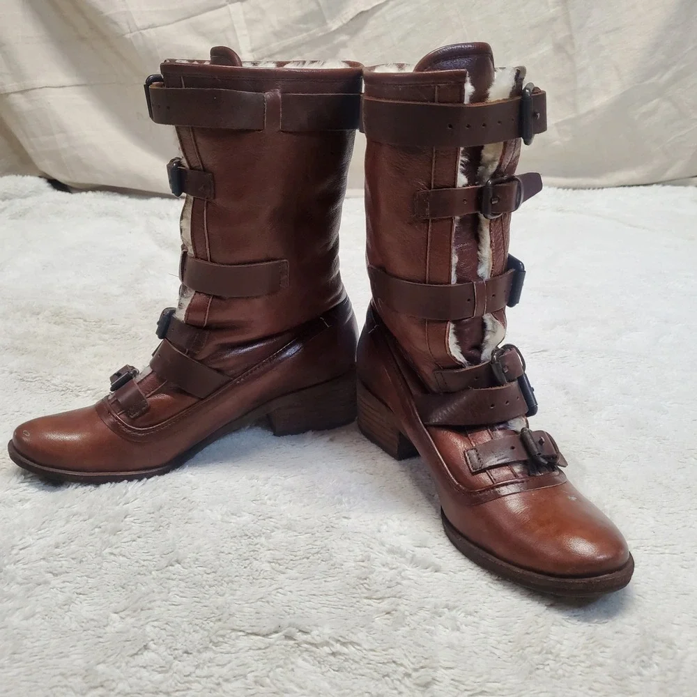 Brown Leather Australian Fur Fuzzy Buckle Tall Boots Women‎ 6 Boho Winter Cozy